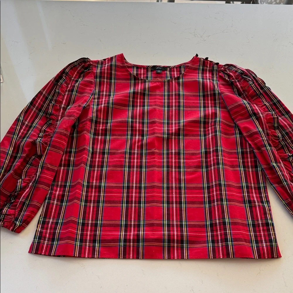 J. Crew Red Plaid Women's ruffle sleeve Blouse Size: M NWOT ✨